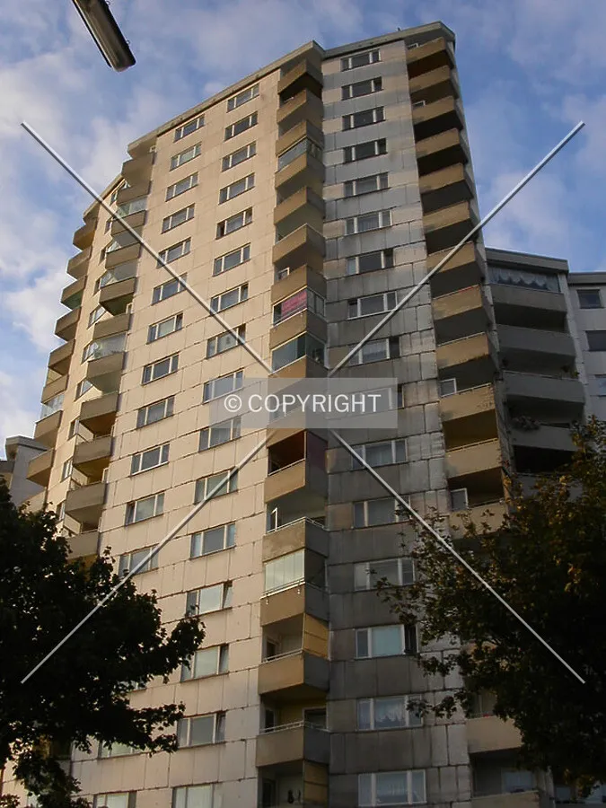 Looking up at one of the buildings in the complex