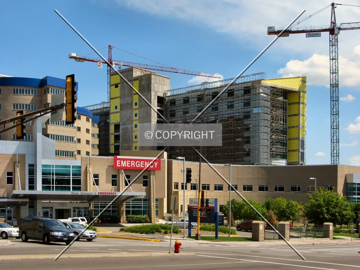 View to the southeast across Jackson Street, with the temporary Emergency Room entrance