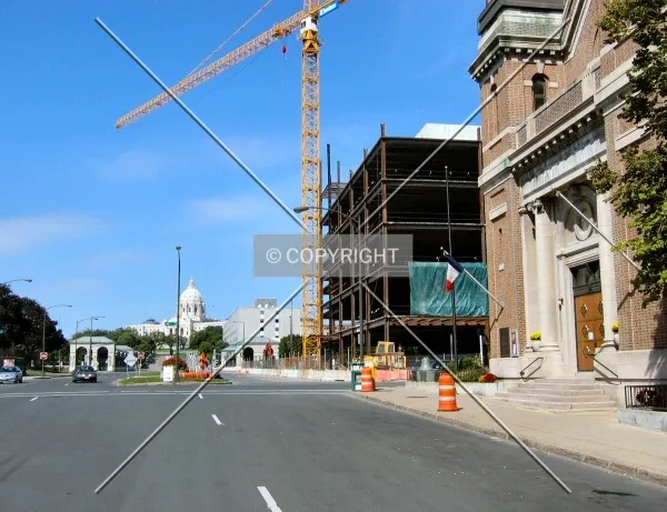 View to the north along Cedar Street, St. Louis Church in foreground, Minnesota State Capitol in distance