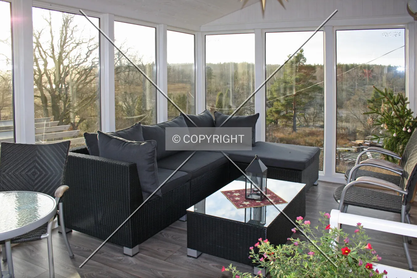 A couch in a wintergarden
