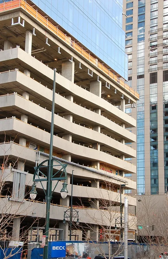 Looking southeast at the parking levels