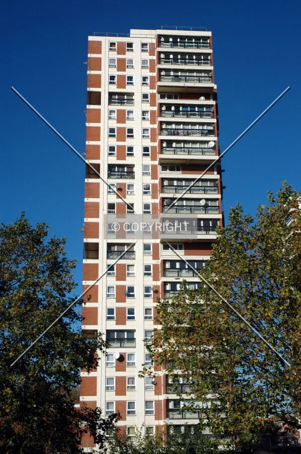Looking up from Surrey Quays Road