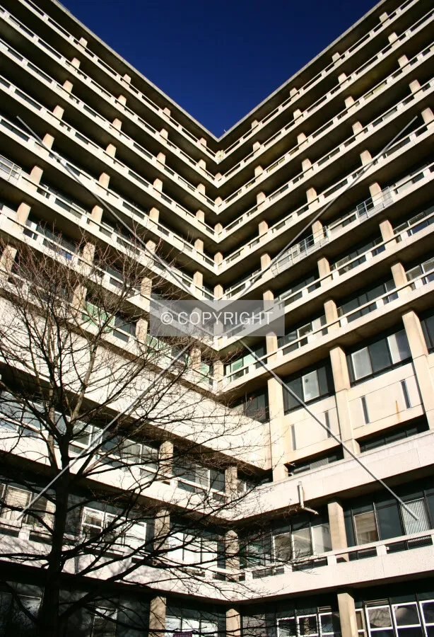 Looking up at the façade