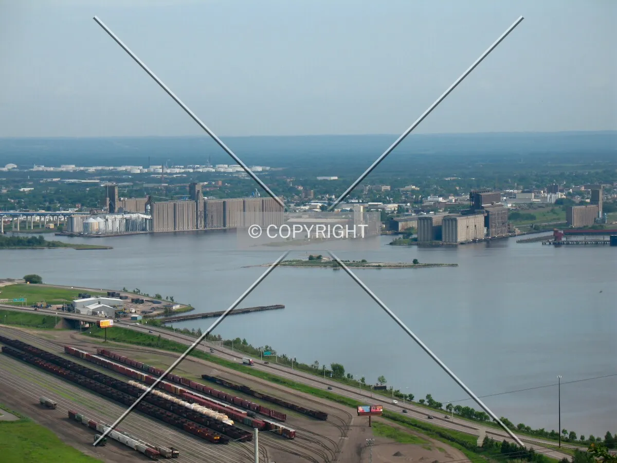 A skyline of grain elevators fronting Superior Harbor, viewed from Enger Tower in Duluth's Enger Park
