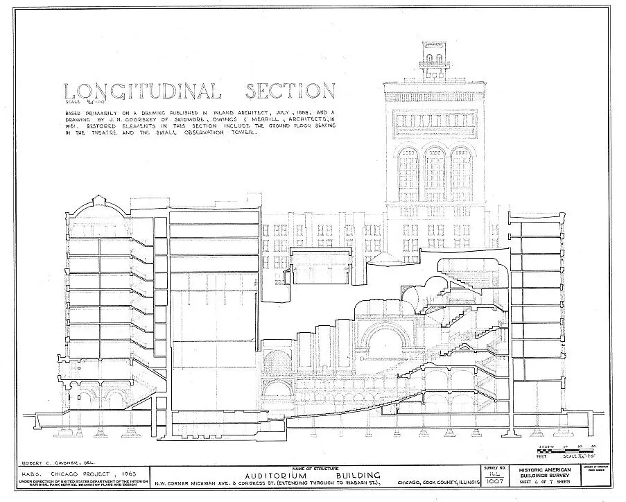 Longitudinal section drawing looking south