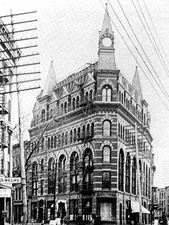 View from the northeast before removal of the upper story and towers