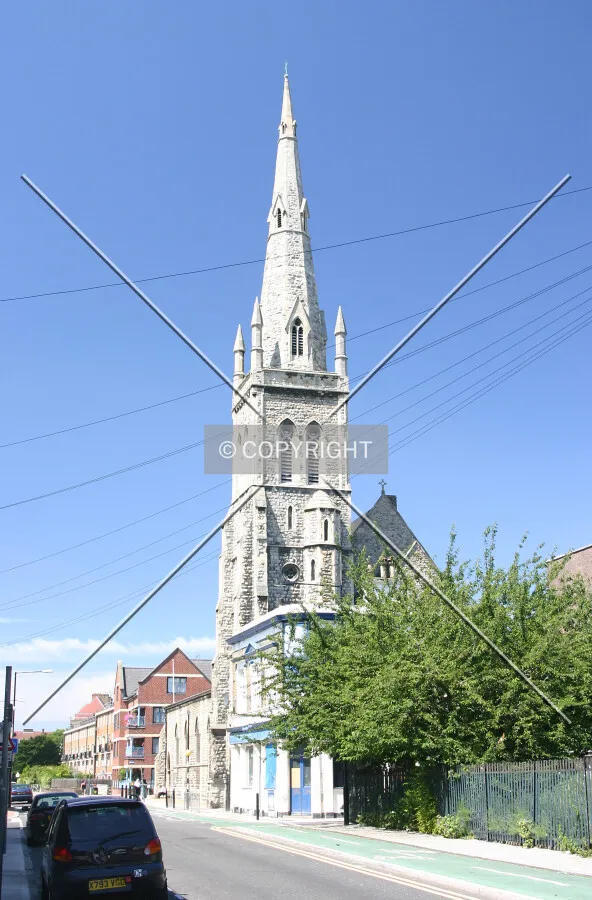 View east showing cables crossing Cable Street