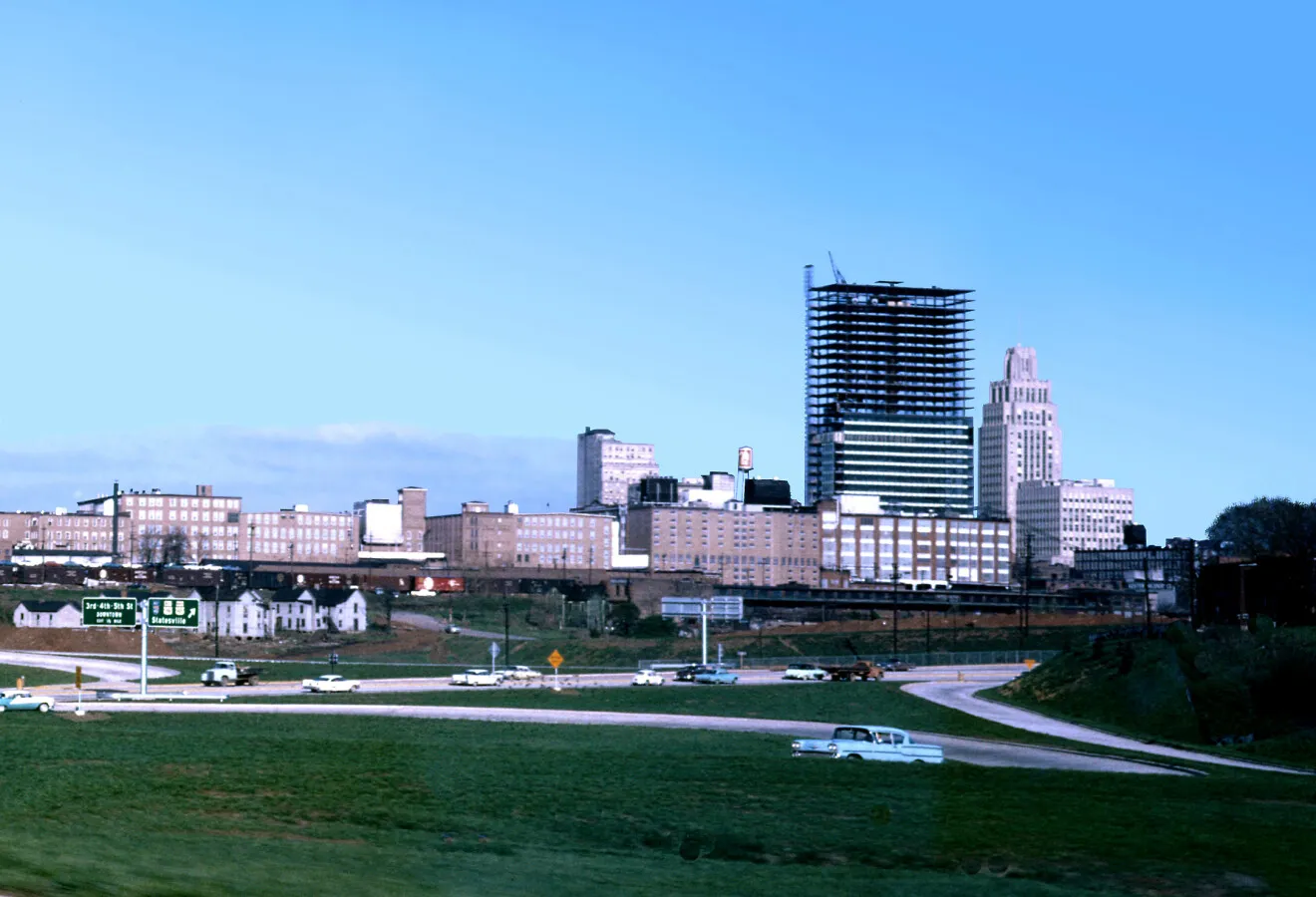 Downtown from the southeast during construction of the Winston Tower (Wachovia Building)