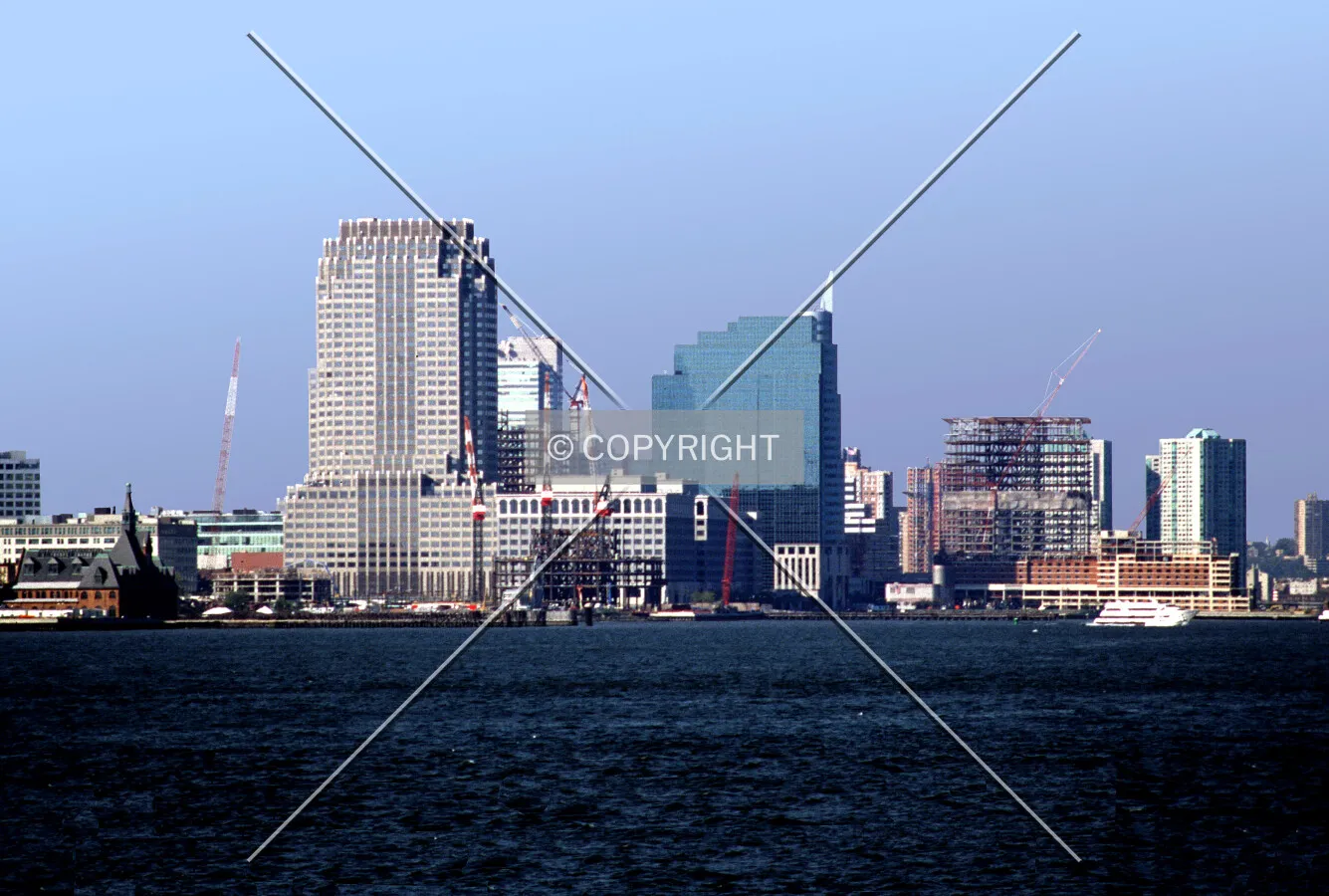 View from the southeast toward Exchange Place with 30 Hudson Street and Harborside V and X under construction