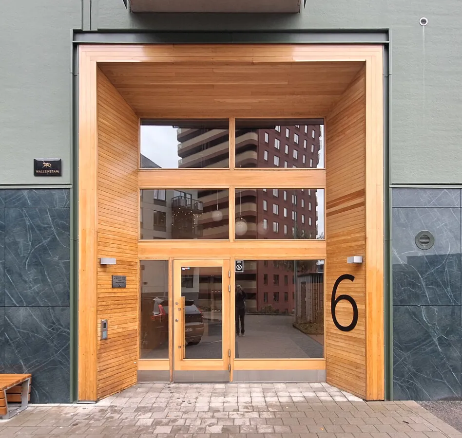 Main entrance with wood panels