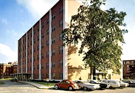 Vintage view from the northwest before addition of the upper four stories