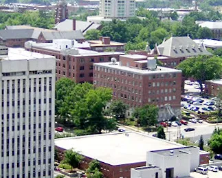View from the northeast with the Albemarle and Caswell Buildings at left