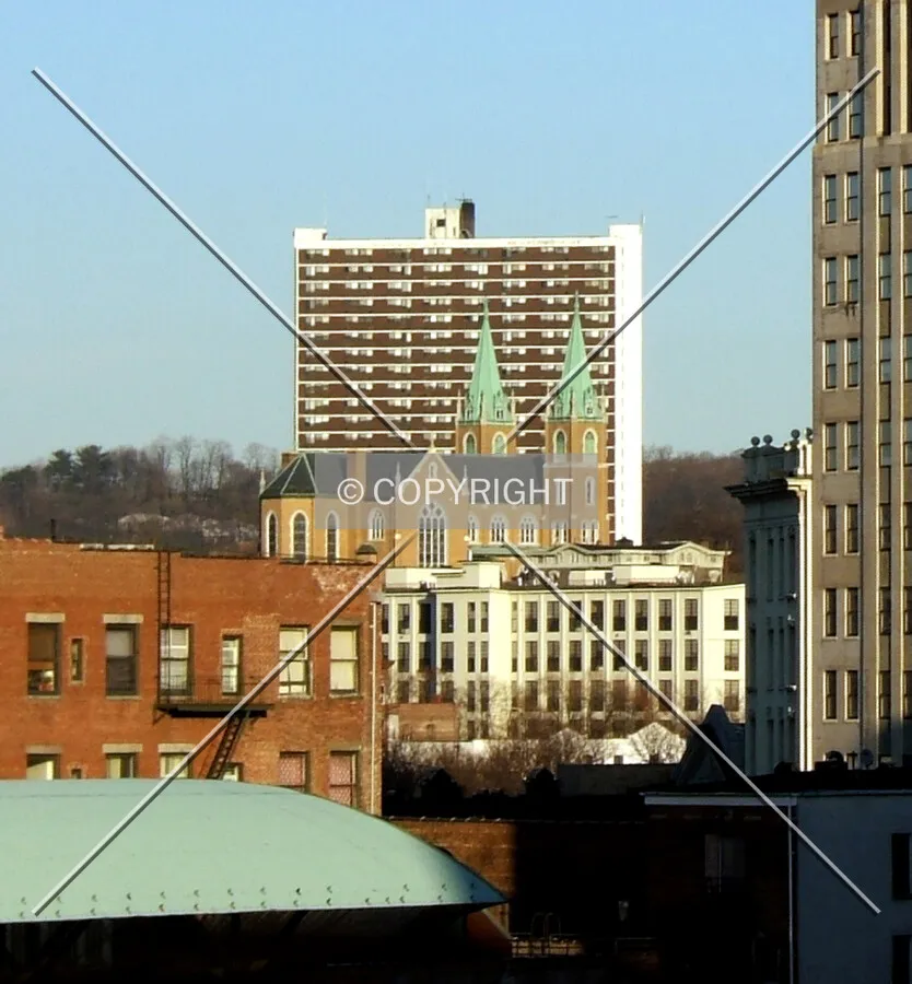View from the southwest with the Saint Casimir Apartments in the background
