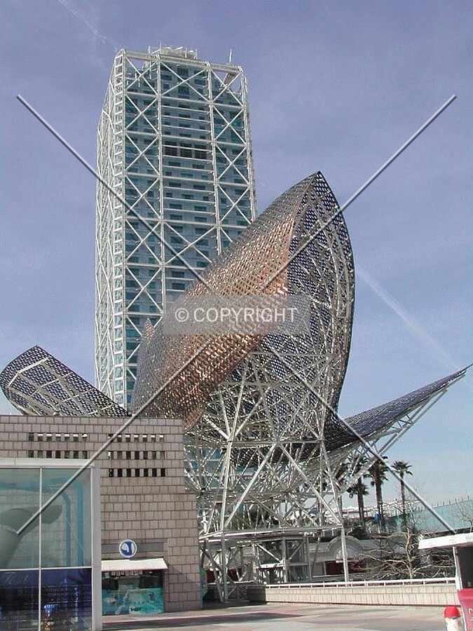 View of the building and the sculpture by Frank Gehry