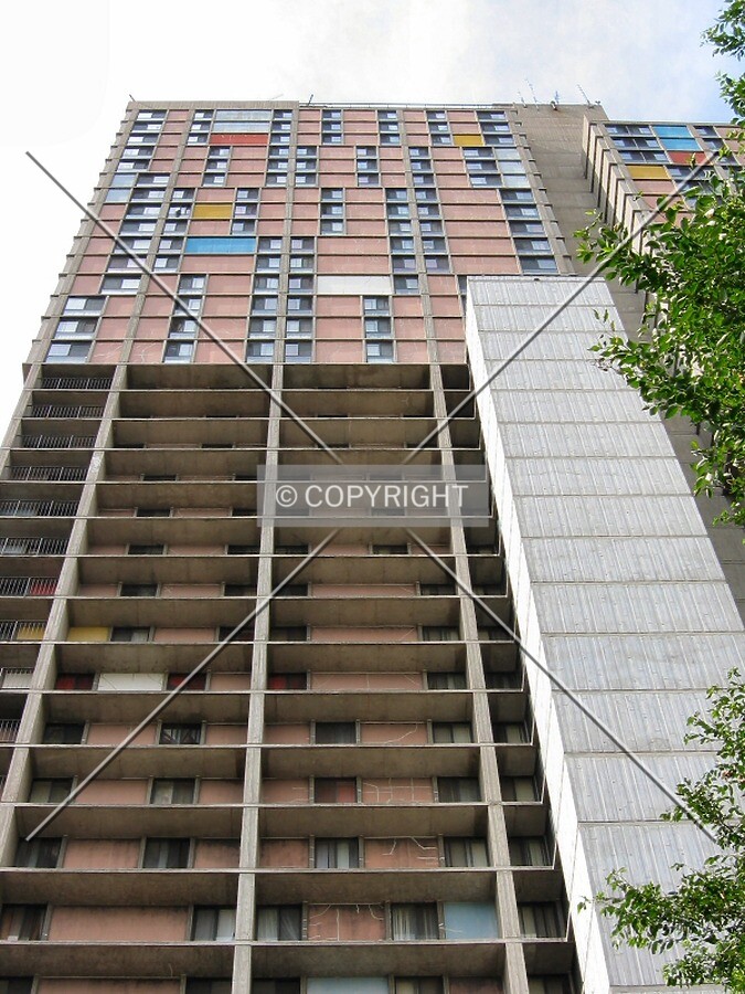 Looking up the northeast facade