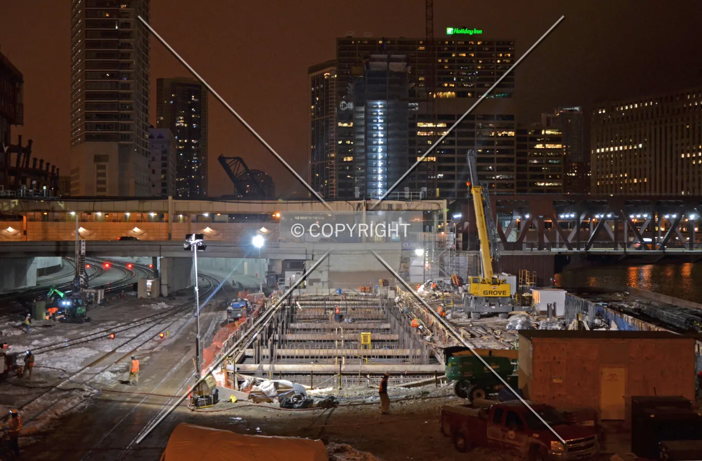 Looking north from Randolph Street shortly before the concrete foundation mat pour begins; February 13, 2015.