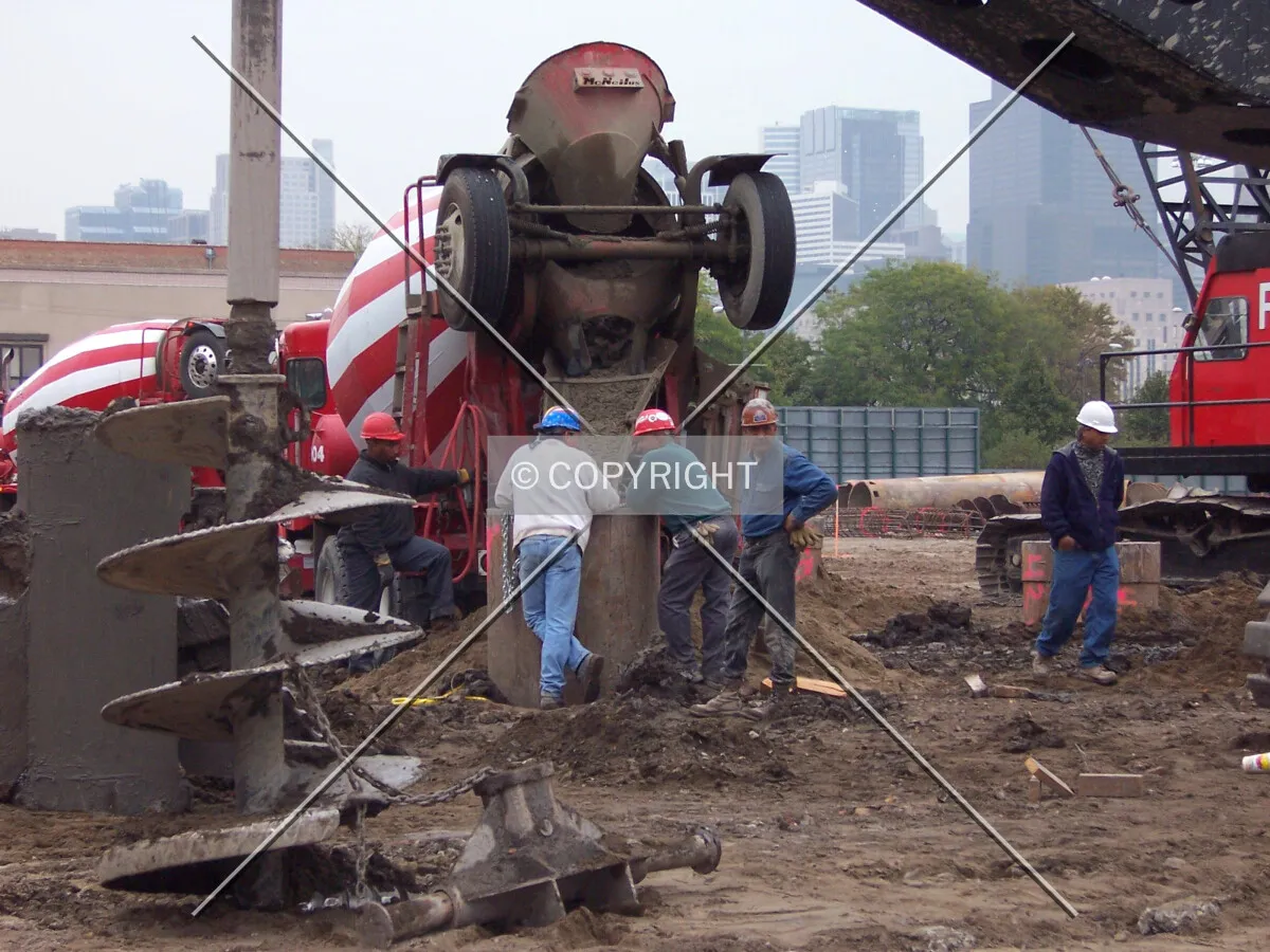 Filling a caisson shaft with concrete for the convention center at the south end of the site