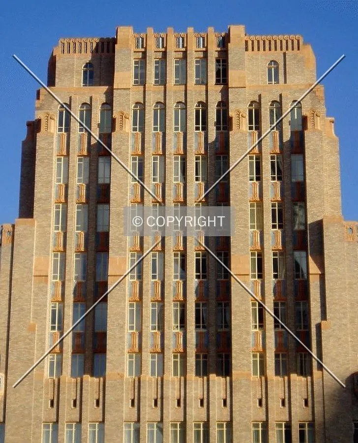 A close-up of the top of the west side, seen from the 9th floor of City Hall