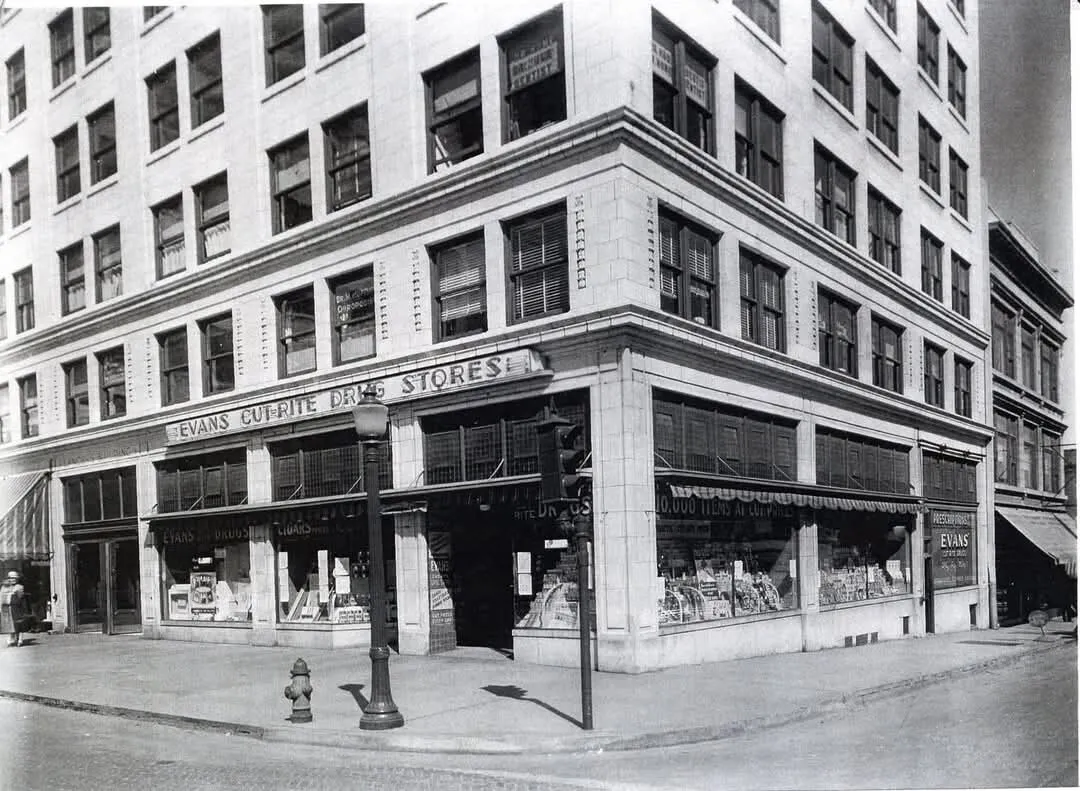 Vintage view of Evans Cut Rite Drugstore