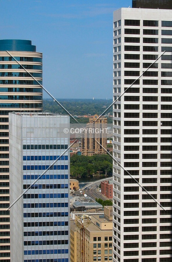 Distant view to the north from the Foshay Tower Observation Deck, framed by downtown towers