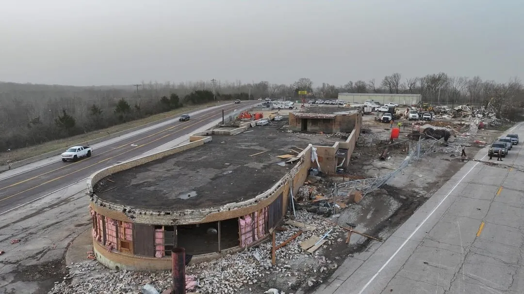 Aerial view after being damaged by a storm on March 14, 2025