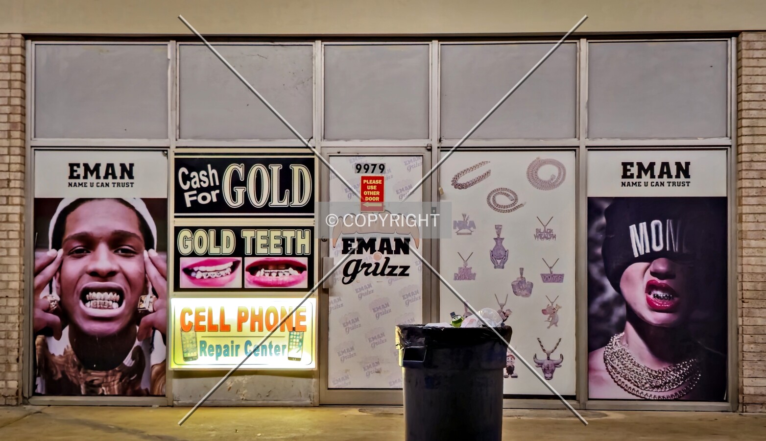Front of a shop at night; November 16, 2024