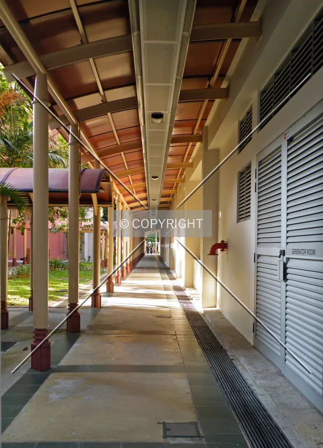 The linkway running along the western side of the car park
