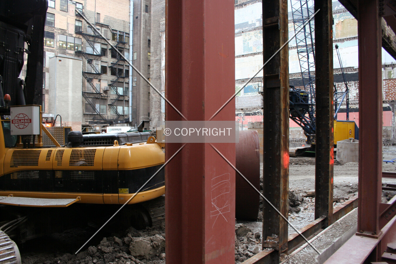 View from the northeast through the support structure for the retained facades