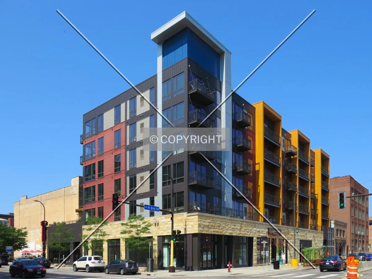 View to the west across 1st Avenue & 2nd Street North