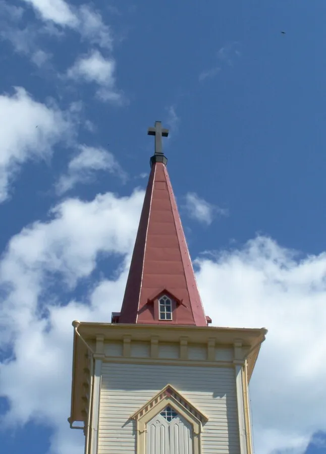 The red sheet metal spire in detail