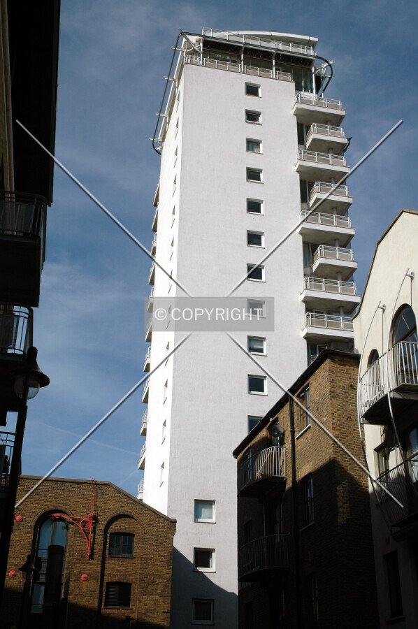 The tower emerges from dense surroundings