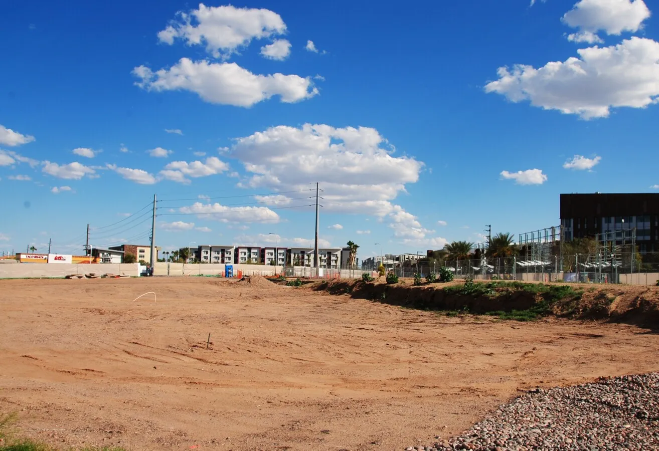 Looking southeast across the building site
