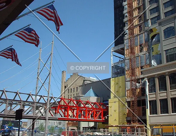 View to the Northeast along First Avenue North, Skyway to Target Center under construction