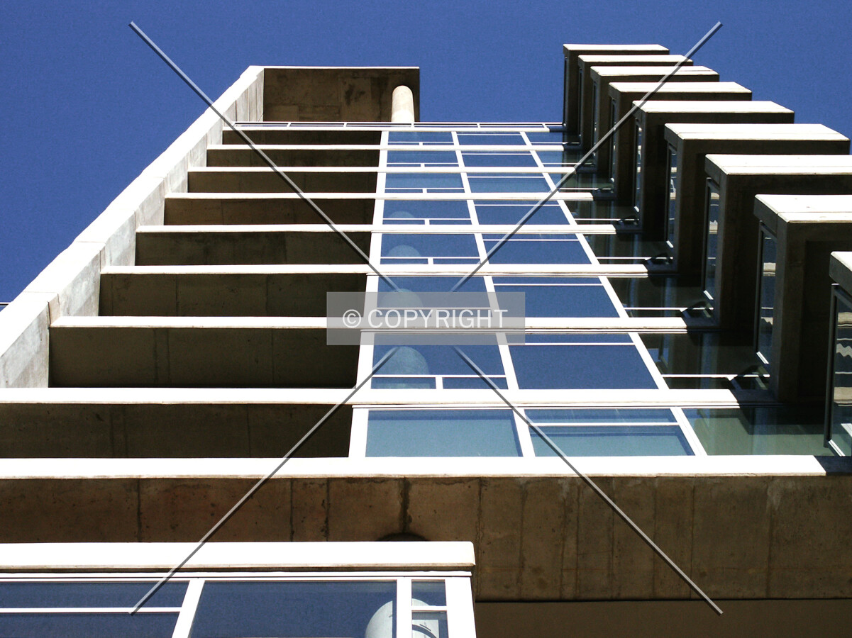 Looking up the north half of the east facade