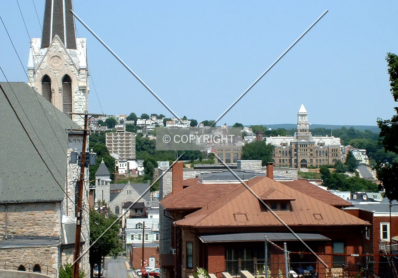 View from the southeast with Saint Patrick's Church, Laurel Court High-Rise, and the Schuylkill County Courthouse