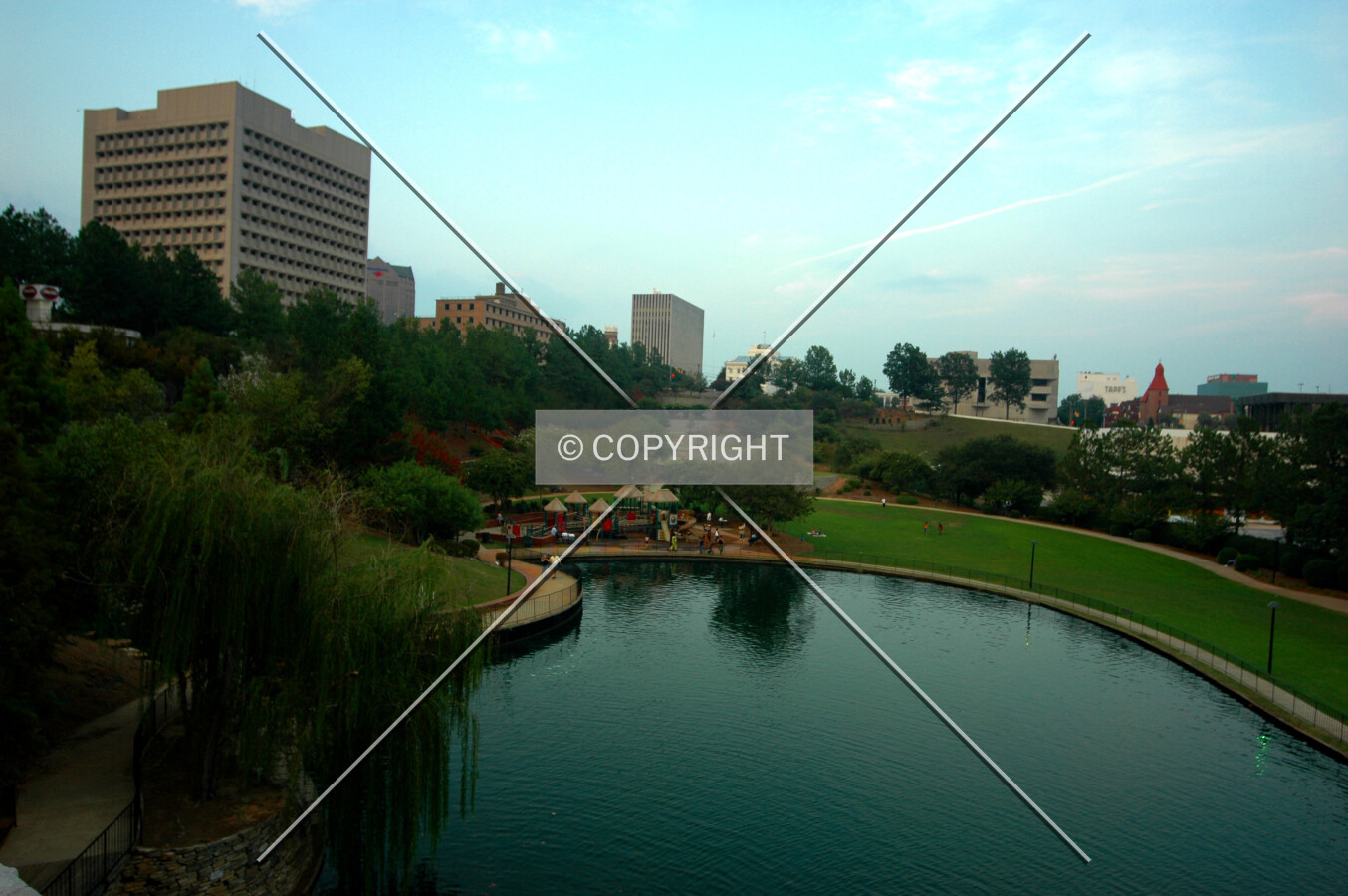 View of skyline from Finlay Park at dusk
