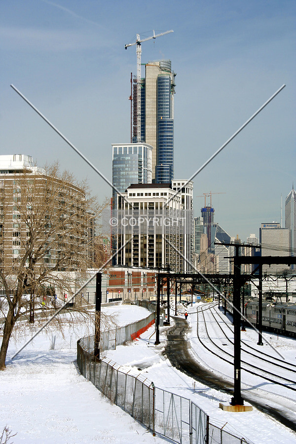 View from the south-southeast with the 3 highest cranes in the city visible