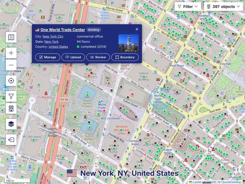 SKYDB map showing building records across Lower Manhattan