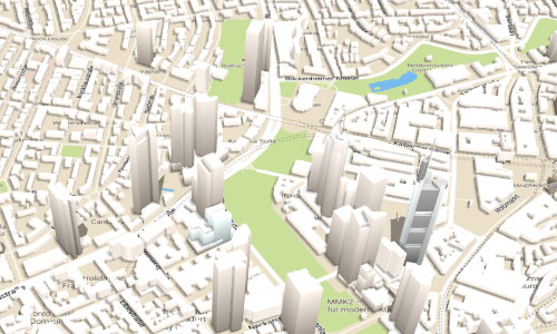 SKYDB map showing tall buildings in three dimensions